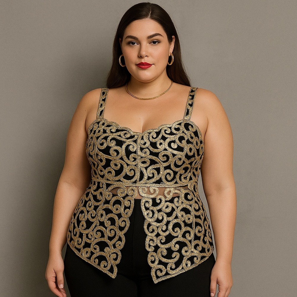 Vintage 90s SAM Gold Embroidered‎ Mesh Evening Top Bustier Style XL USA